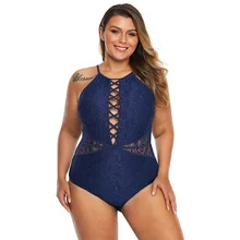 Купальники женские сексуальные кружевные с перекрещивающимися лямками тонкие покрывающие живот Новые Сиамские размера плюс треугольные купальные костюмы 411331