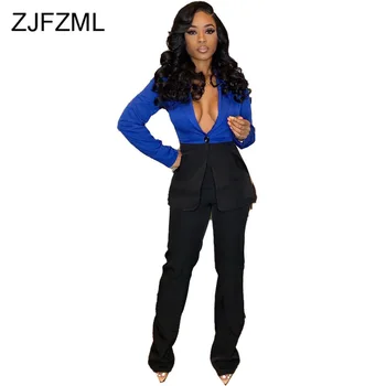 

Fashion Hit Color Patchwork Two Piece Matching Set Women Turn Down Collar Long Sleeve Blouse + solid Straight Floor-Length Pants
