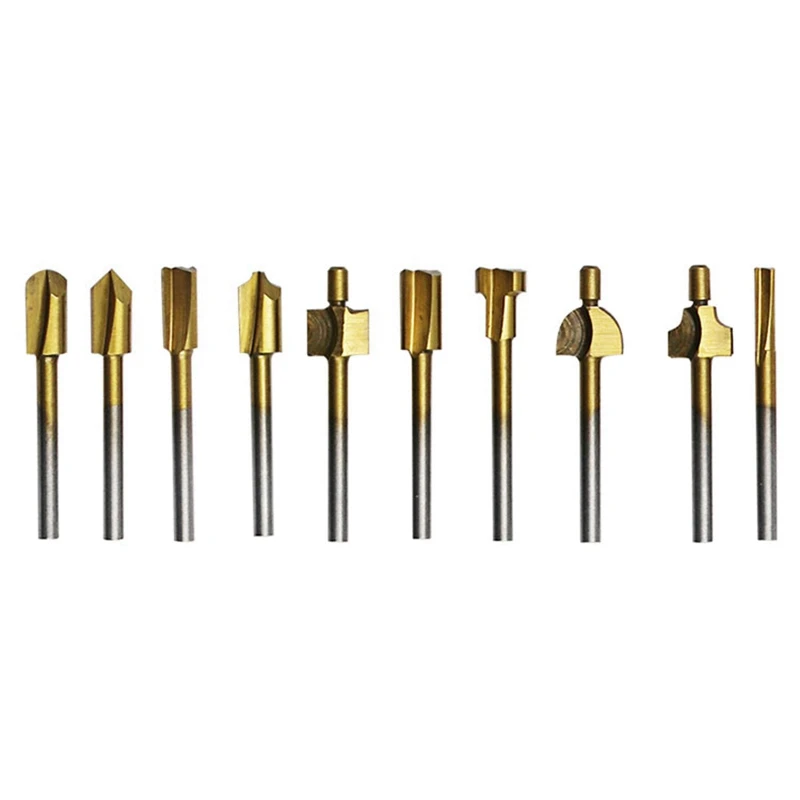 

ELEG-10 Pcs Set Box 3 Mm Hss Titanium Router Bits Wood Cutter Milling Fits Rotary Tool Engraving Machine Knife Sharpening Slot