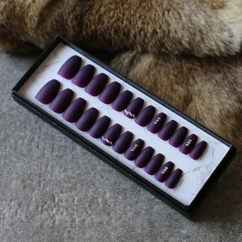 

Creative Christmas gift Coffin Bride fake nails rose red wedding false nails Shiny AB diamond Dark purple Matte 24pcs full set