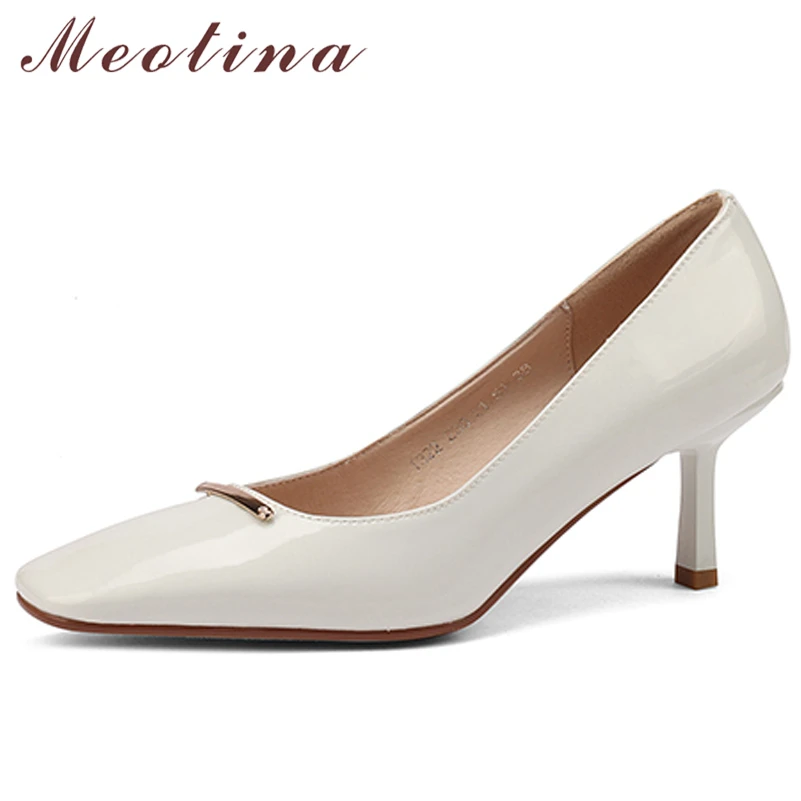 

Meotina Genuine Leather Women Shoes Metal Decoration Thick Heels Pumps Square Toe High Heel Ladies Footwear 2022 Spring Beige 39