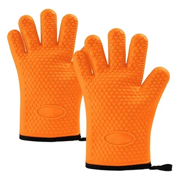 

Heat Resistant BBQ Kitchen Silicone Oven Mitts Gloves,Non-Slip Potholders,with Internal Protective Cotton Layer (Orange)