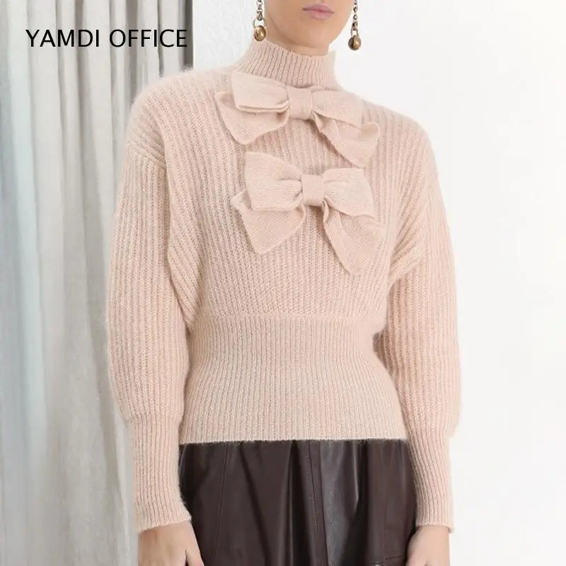 YAMDI boho, Женские однотонные свитера, Осень-зима, винтажные, элегантные, с бантом, эластичные, тонкие, вязаные, корейские пуловеры, с высоким воротом, джемперы