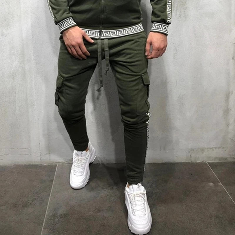 Army green Мужские обтягивающие спортивные штаны с принтом, повседневные рабочие повседневные брюки с карманами в стиле хип-хоп, уличная одежда, спортивные штаны - Цвет: Army green