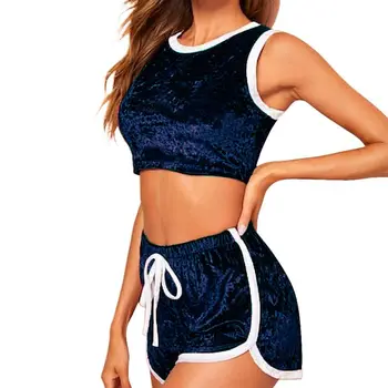 

Women Two Piece Set Sleepwear Velvet Sleeveless Crop Top Elastic Waist Shorts Fashion Pajamas for Women Nightwear Pijama Mujer