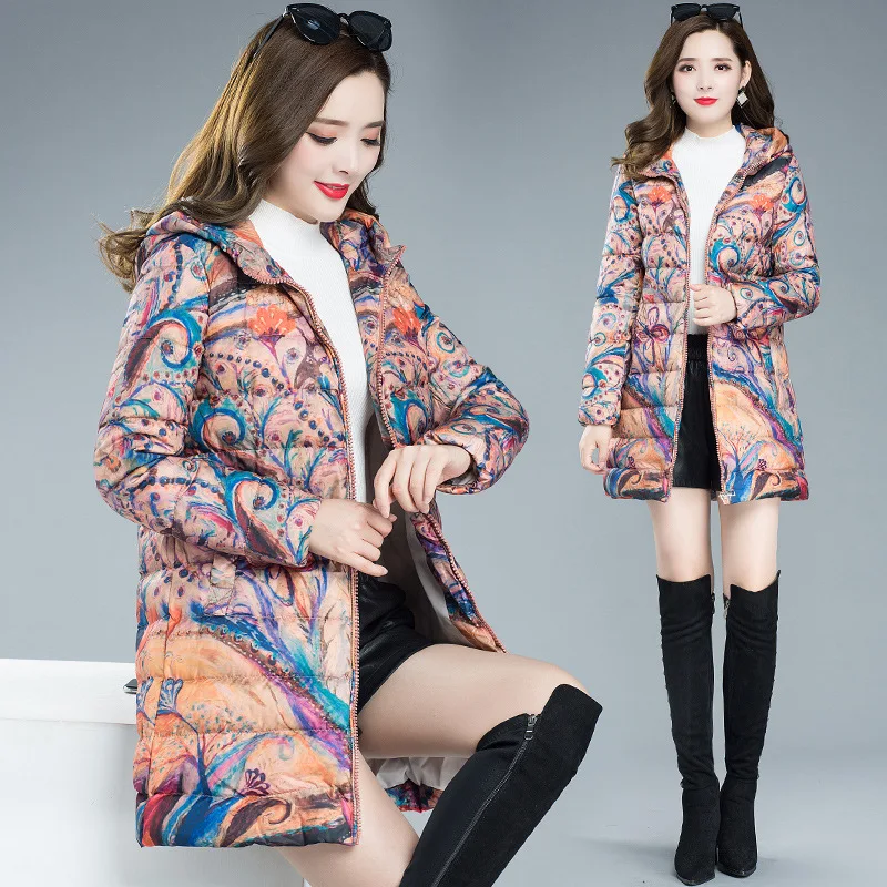 

Mid-length Hooded Printed Cotton Overcoat Women's 2019 Winter New Style Elegant Thin Western Style Fashion Warm Cotton Coat
