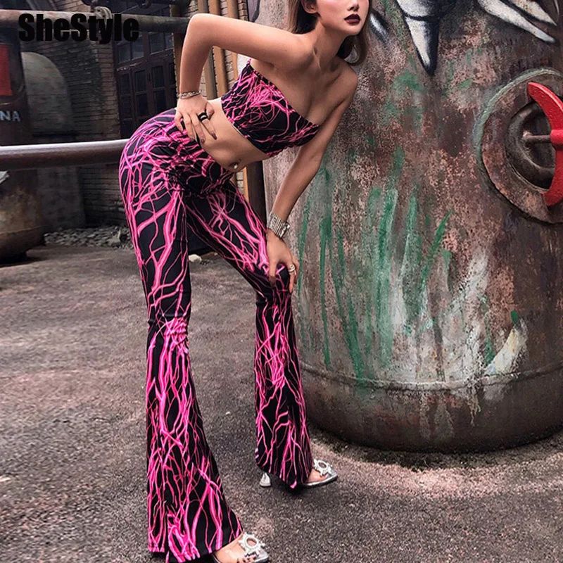 

Shestyle Lightning Print Sexy Tracksuit Tube Top Plare Pant Two 2 Piece Set Women 2019 Autumn Winter Streetwear Crop Top Trouser