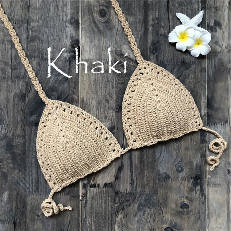 khaki Vertvie, Женский вязаный бикини, топ, цельный раздельный купальник, Холтер, кружевной бюстгальтер, сексуальный укороченный топ, пляжная одежда, Женский Монокини - Цвет: khaki
