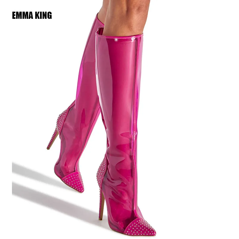 

Women Knee High Boots Fashion Translucent Thin High Heels Boots Lady Crystal Decor Back Zipper Boots Women Spring 2021