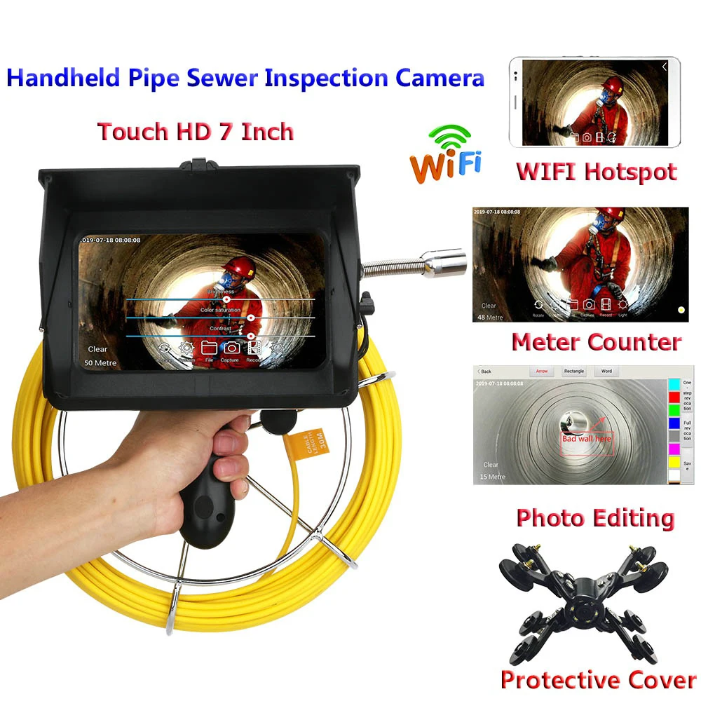10 м-50 м портативная промышленная труба канализационная инспекционная видеокамера с счетчиком/Запись видео DVR/wifi Беспроводная