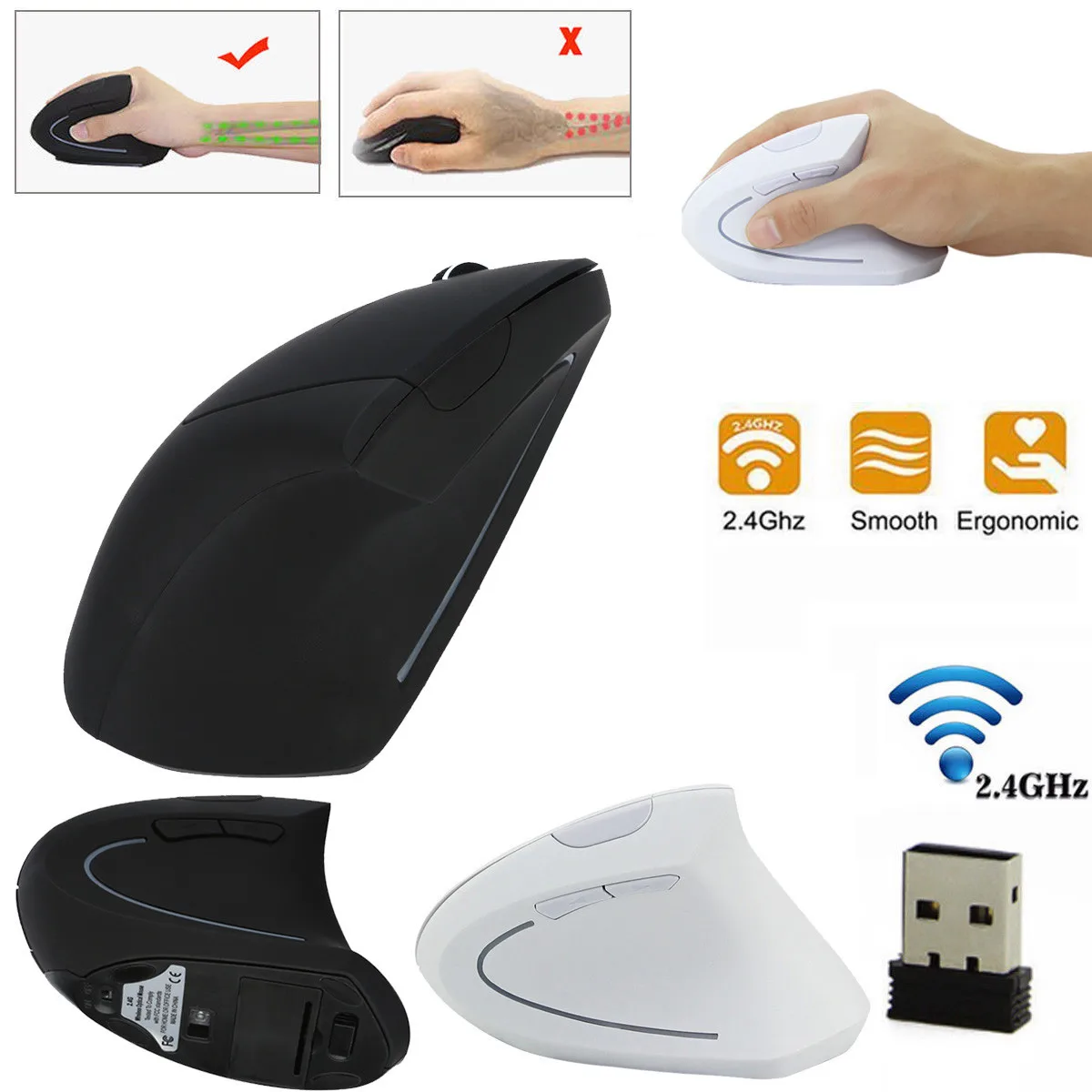 Reducido Ratón vertical ergonómico inalámbrico USB 2,4G, mouse óptico 6D de 1600dpi para mano derecha, para juegos de negocios y oficina 1gNWbozawaN