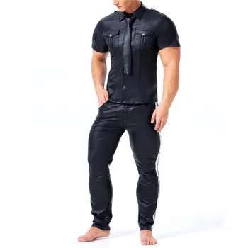 

Mens Clothes Set Mens Undershirts Faux Leather Short Sleeve Tops Police Style Shirts Long Pants Male Underwear Dance Clubwear