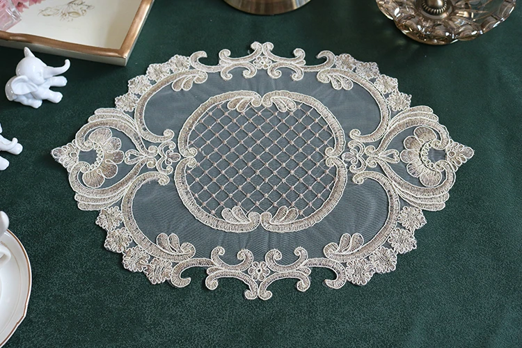 H5ae24973e12c4cc29b894575f2ce4161K Oval 28x42cm European Luxury Lace Embroidered Restaurant Velvet Placemat Small Balcony Coffee Cup Table Mat Vase Pad Coaster Mallzona