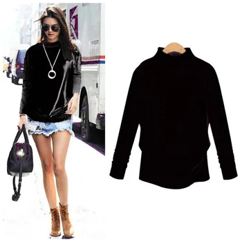 

Spring t shirt Women Lady Solid Black Gray Red Turtleneck Casual Pullover Tops gothic tshirt roupas feminina