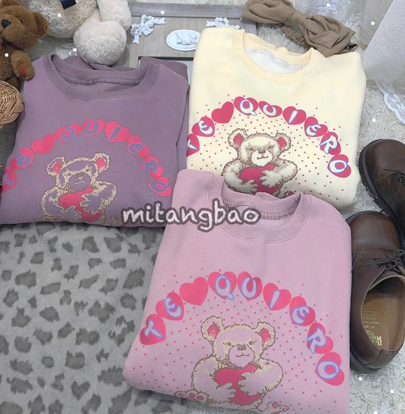 Kawaii Bear зимняя женская кашемировая теплая толстовка с круглым вырезом и длинным рукавом, пуловеры, плотные толстовки, милые