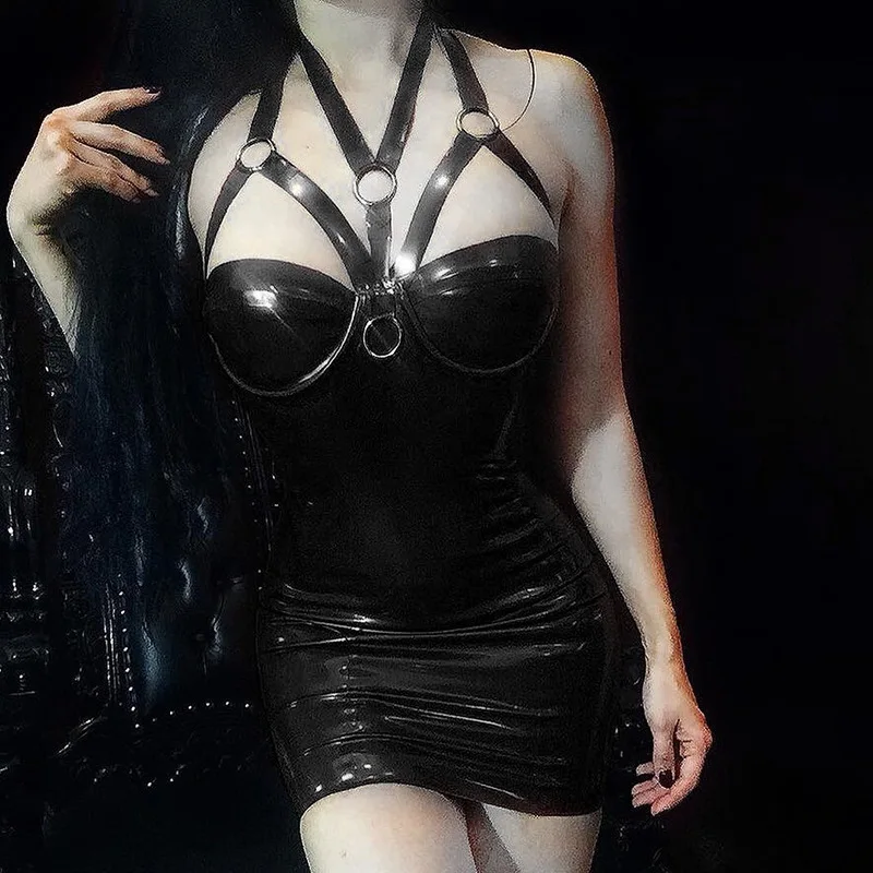 JIEZuoFang сексуальные Клубные вечерние платья с открытой спиной, сплошное черное платье с эффектом мокрой кожи, латексная искусственная кожа, пуш-ап бюстгальтер, микро платье для женщин