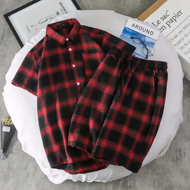 

Japanese-style Thin Loose Short Sleeve Plaid Shirt Set Men's BF Style Versatile Students Summer Short-sleeved Shirt Fashion Coat
