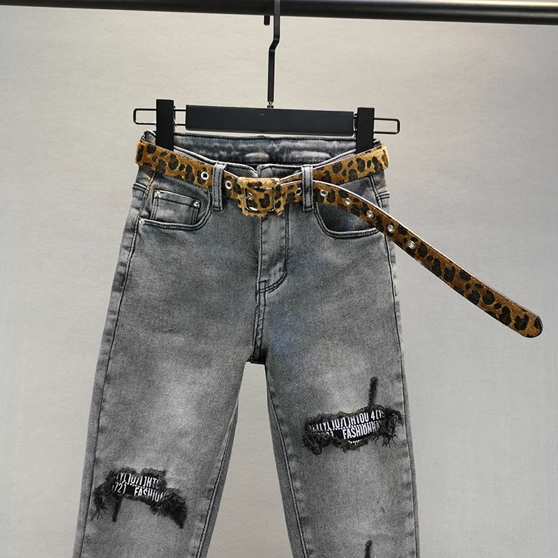 Stretch Jeans Woman 2020 Spring Autumn New Ripped High-Waist Slim-Fit Tight-Fit Denim Pencil Jeans Women's Smoke Gray Jeans Jean