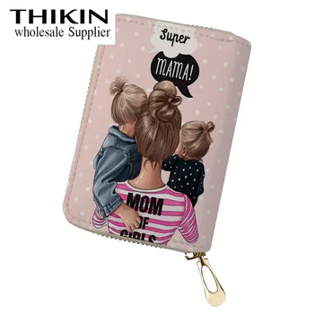 

THIKIN Super Mama Print Women Zipper Credit ID Card Holder Case Cartoon Female Leather Business Card Cover Bag Ladies Wallet