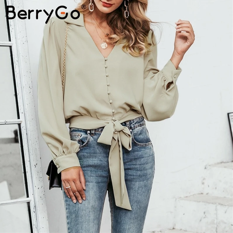 BerryGo Элегантные короткие блузки рубашки для женщин Осень зима женские топы с