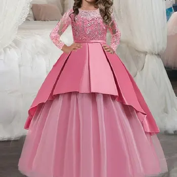 

4-15YT Baby Girls Children Princess Dress Lace Embroidery Gauze Dance Performances Long Sleeve Big Bow Dress 1 1