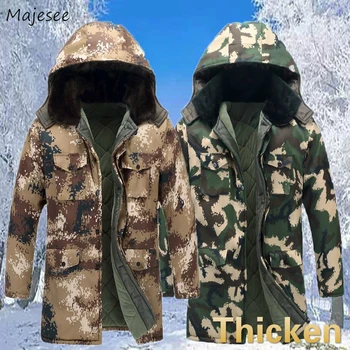 

Winter Medium-long Style Parkas Men Camouflage Hooded Pockets Loose Plus Velvet Warm Mens Long Coat Korean Ulzzang Trendy
