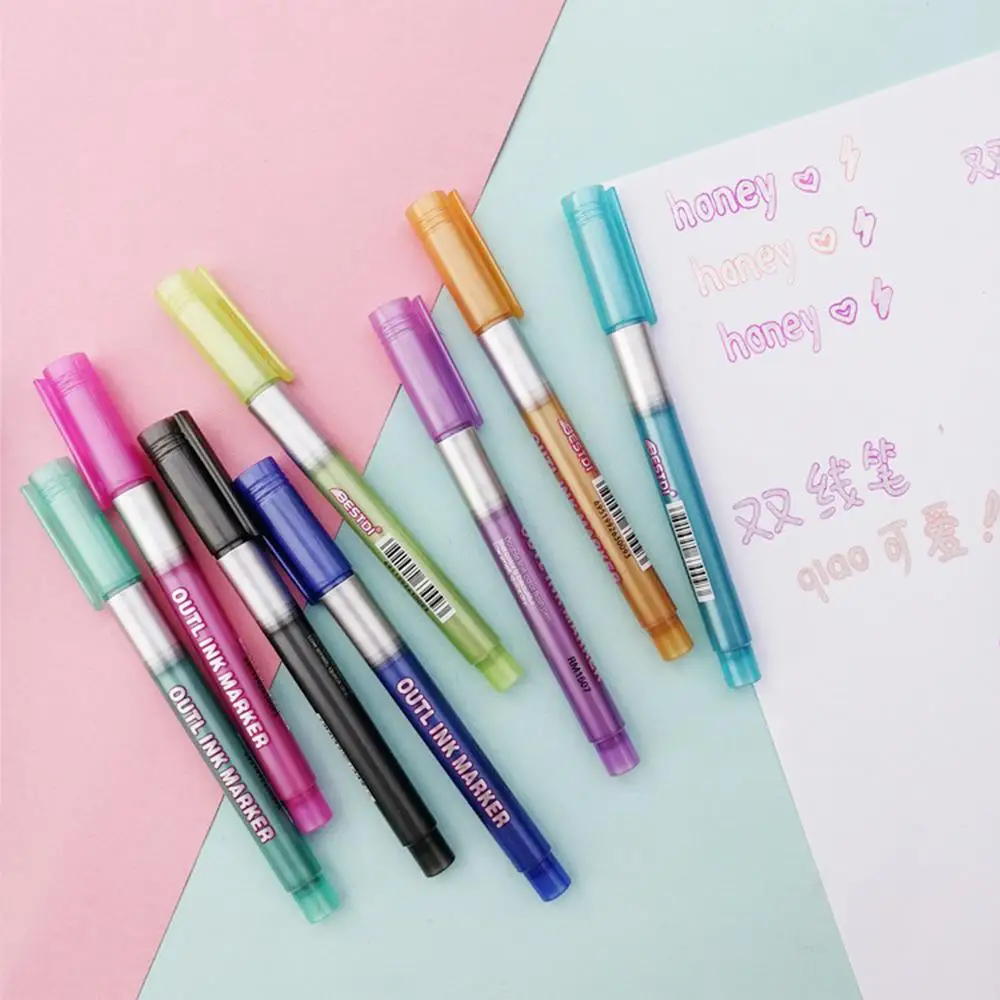 

8Pcs/Box Metallic Double Lines Art Markers outer line pen stationery art painting Non-Toxic Graffiti Album Stationery Marker Pen