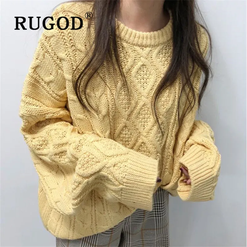 RUGOD, новинка, Зимние поступления, однотонный, желтый, крученый свитер, пуловеры для женщин, Круглый ворот, Аргайл, толстый, вязаный, Модный женский топ