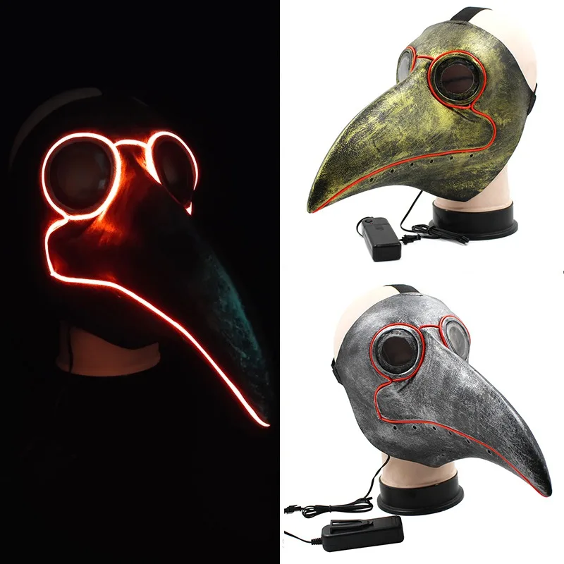 

EL Wire Light Up Glowing Plague Doctor Mask Birds Halloween Cosplay Carnaval Costume Props Mascarillas Party Mask With Light