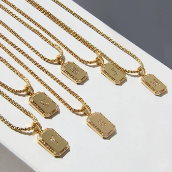 Peri'sBox Classic 26 Letters Square Coin Pendant Necklace Female Inlay Zircon Initial Necklace Pendants Layered Collier Alphabet