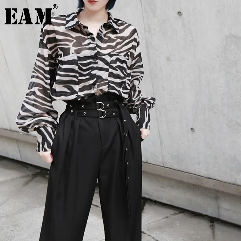 

[EAM] Women Print Mixed Color Big Size Blouse New Lapel Long Sleeve Loose Fit Shirt Fashion Tide Spring Autumn 2019 1D339