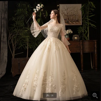 

2020 best selling champagne tulle ball gown wedding dress 3/4 puffy sleeve lace appliques cheap bridal gowns hot sale