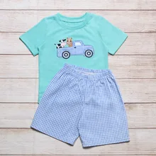 Vêtements d'été pour garçons, haut à manches courtes vert et Short à carreaux bleu, Pull de camion, motif de broderie vache et cheval