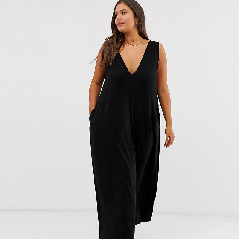 

Kissmilk Sexy Women Dresses Plus Size Summer 2019 New-coming Solid Black Casual Sleeveless Deep V-Neck Maxi Dress For Women