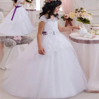 

Flower Girl Dresses for Wedding Tulle Fluffy Lace Applique Gown Pageant Kids First Communion Prom Party Dresses