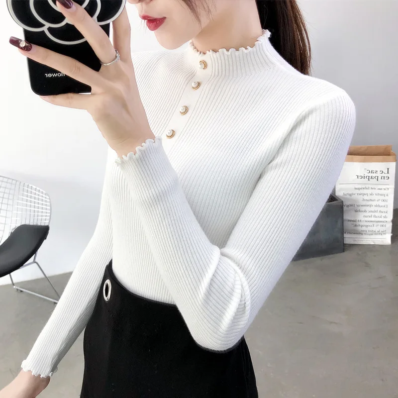 

Button Turtleneck Women Sweater High Elastic Solid Color Fall Winter Fashion Sweater Jumpers Female Slim Sexy Knitted Pullovers