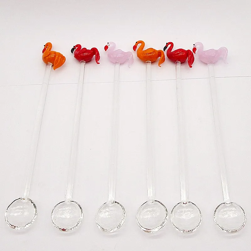 

6pcs Murano cute Glass Flamingo Figurines head Ornament Christmas glass spoons tableware sets Clean Long handle art Tea Spoons