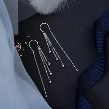 

Wholesale Silver Color Drop Earrings Long Tassel Round Beads Simple Style Fashion Jewelry For Women