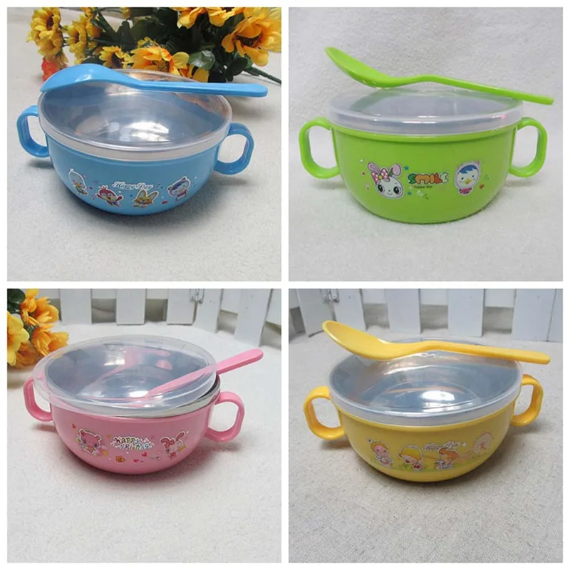New Baby Bowl Food Grade Stainless Steel Bowl Baby Bowl With Lid Spoon Handle Children Waterflood Insulation Box Cartoon Bowls