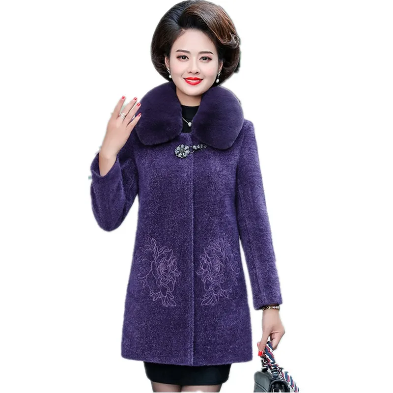 Purple Стильная одежда, шерстяное пальто большого размера, женская зимняя куртка с мехом, высокое качество, короткая куртка для отдыха, имитация норки, кашемир, 1414 - Цвет: Purple