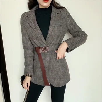 

Mazefeng New 2019 Autumn Winter Women's Blazers Button With Belt Pockets Formal Jackets Outerwear England Style Tops Size S M
