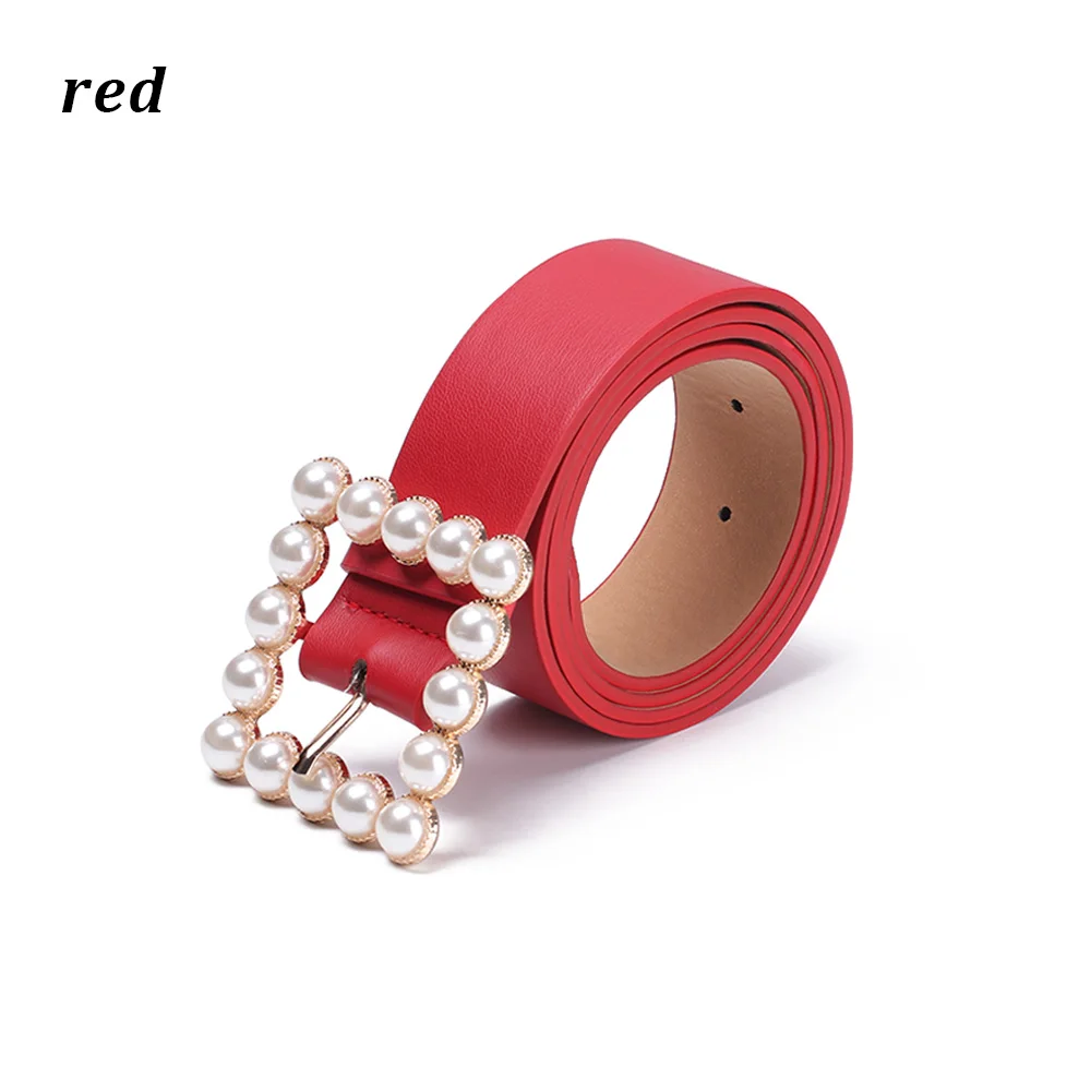 1PC Fashion Women Square Buckle Leather Belt Sweet Inlaid Pearl Decoration Solid Color Belt Elegant Wedding Party Ladies Belt - Цвет: red