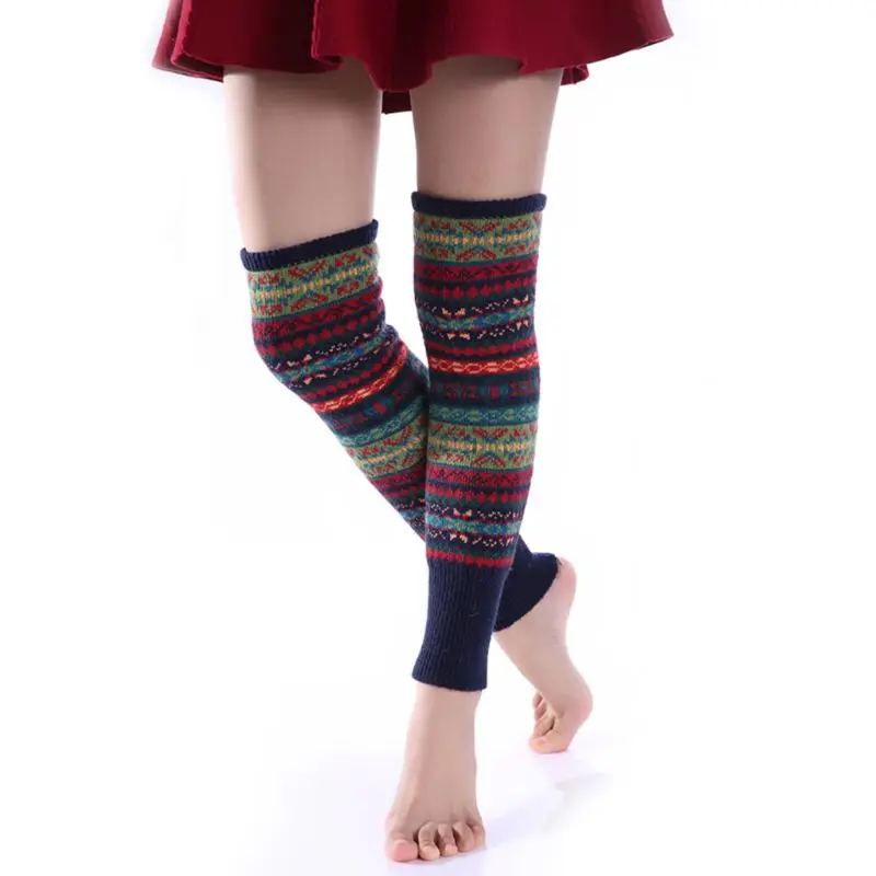 Женские вязаные длинные гетры в богемном стиле для девочек, контрастные цвета, камуфляжные полосы, утолщенные ботфорты с высоким