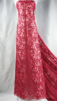 

Beautifical African lace fabrics Red tulle lace with beads Latest elegant embroidered net lace nigerian fabric for wedding LN95