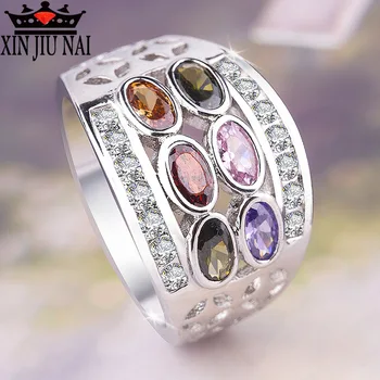 

6 Colour Rainbow Elliptical Austrian Crystal Ring Bohemia 925 Silver ring CZ olive emerald zircon Travel Jewelry exquisite ring
