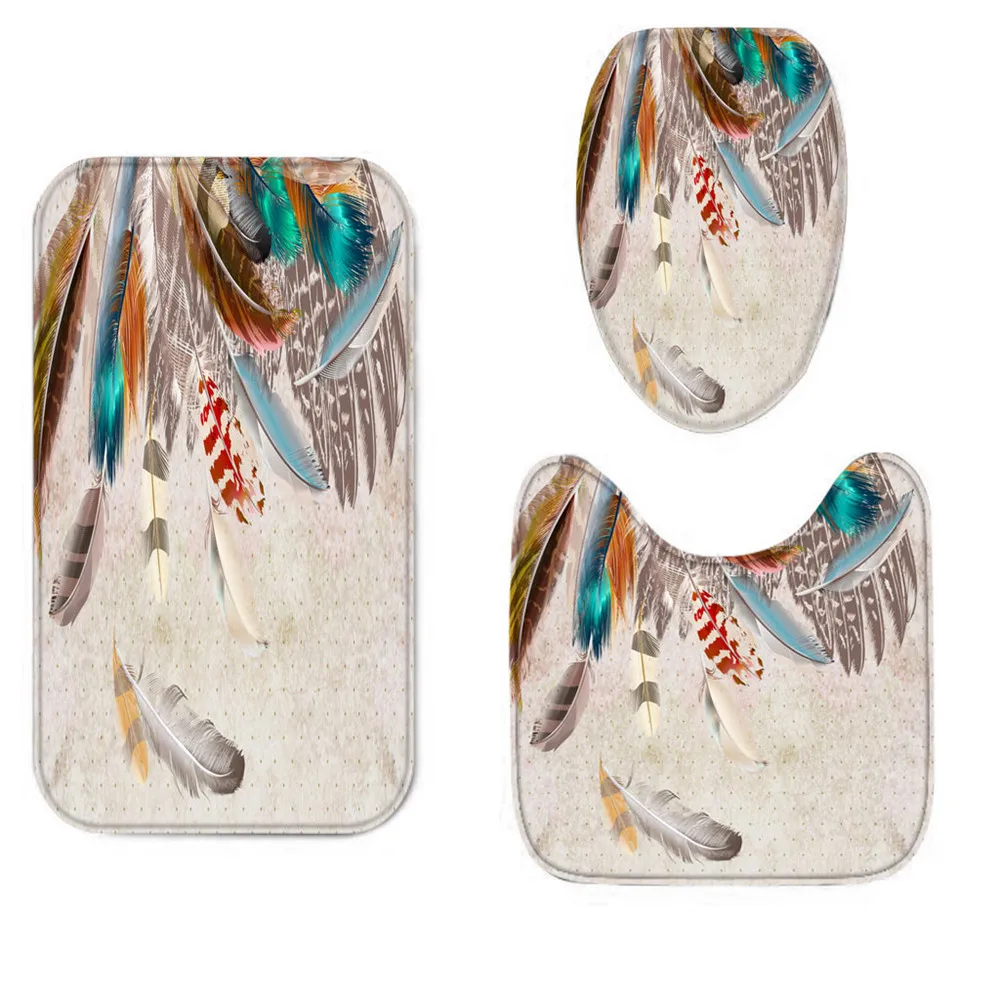 3pcs Bathroom Mats Set Feather series Shower Curtain Anti-Slip Pedestal Rug Lid Toilet Cover Shower Floor Toilet Rug Carpet
