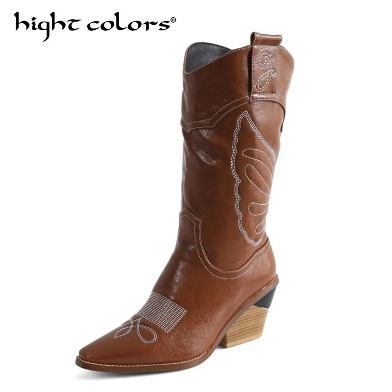 

Fashion Embossed Microfiber Leather Women Boots Pointed Toe Western Cowboy Boots Women Mid-calf Chunky Wedges Boots Runway