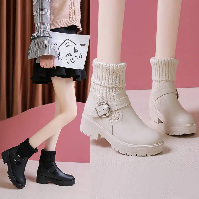 

Big size 26.5 cm Strap buckle ladies ankle boots for winter shoes women wedges boots leather shoes beige/black shoes
