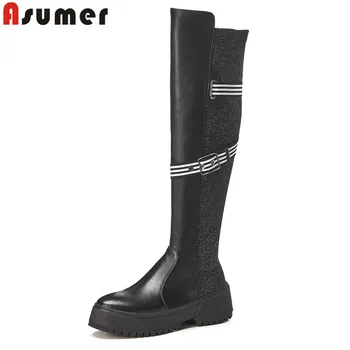 

ASUMER fashion over the knee boots women flat platform genuine leather boots zip Thick bottom increase ladies boots 2020 new