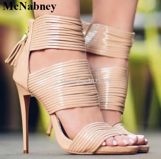 

McNabney Women Sandals Fringe Zip Hollow Peep Toe Stiletto Heel Ladies Sandals Thin High Heel Fashion Solid Sexy Women's Shoes